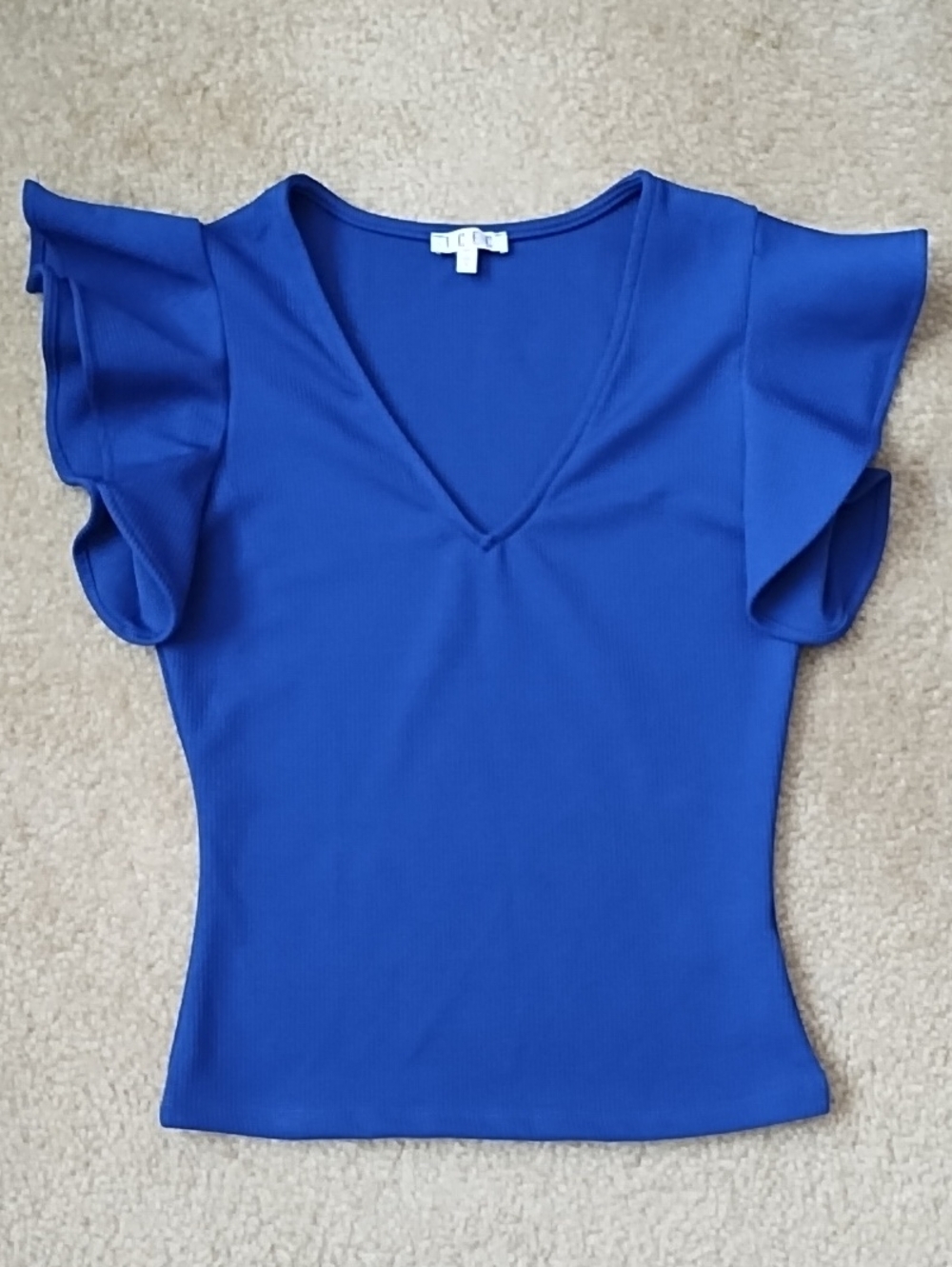TCEC Debra Ribbed Knit Top Royal Blue V-Neck Ruffle Sleeve Blouse CT7648 Size S